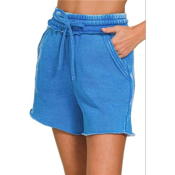 Zenana Acid Wash Fleece Drawstring Shorts With Pockets - Picture 2 of 3